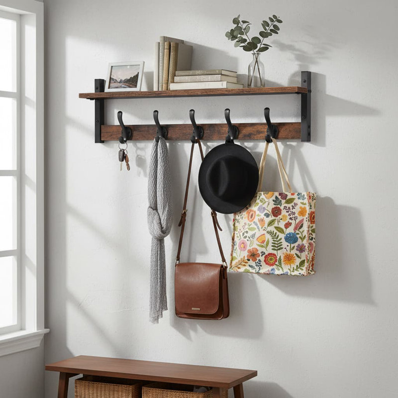 29" Rustic White Wall Mount Coat Rack with Shelf - Entryway/Bathroom/Bedroom, Rustic Brown