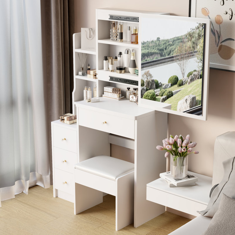 Grande coiffeuse avec tabouret rembourré grande capacité de rangement blanc 29,2 po