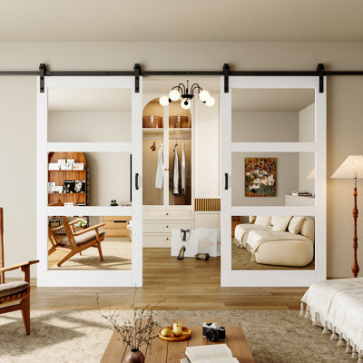 Double-sided  Glass Mirror and Solid Manufactured Wood Sliding Barn Door with Installation Hardware Kit