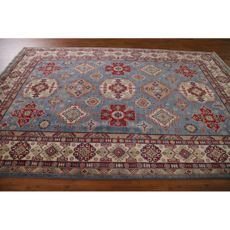 Tapis bleu / rouge / gris en laine noué à la main de conception unique 6 pi 6 po x 10 pi 2 po New Age