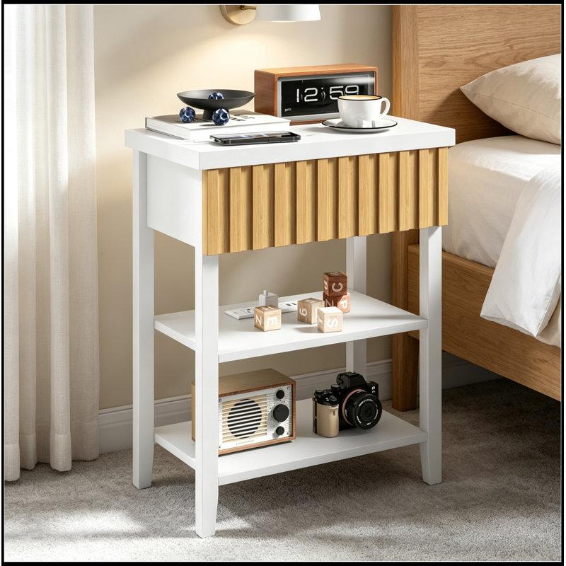 Vikenti avec station de charge, tiroirs et 2 tablettes de rangement ouvertes, Blanc