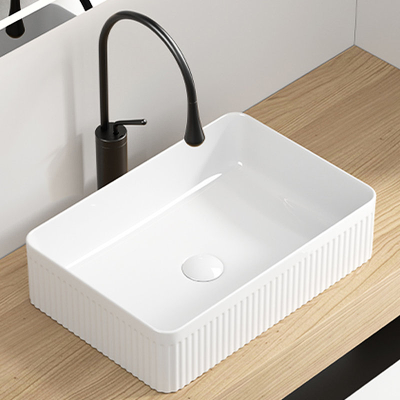 Bathroom Vessel Sink - Rectangular White Ceramic, Deep Bowl, Splash Minimizing, Efficient Drain, 19.19 In Deep, 23.9 Lb Weight