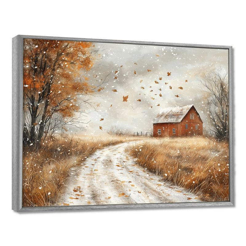 Dreketi Windy Prairie Leaves Path To The Barn III - feuilles, art mural, H 30 po x l 40 po, Impression encadrée flottante