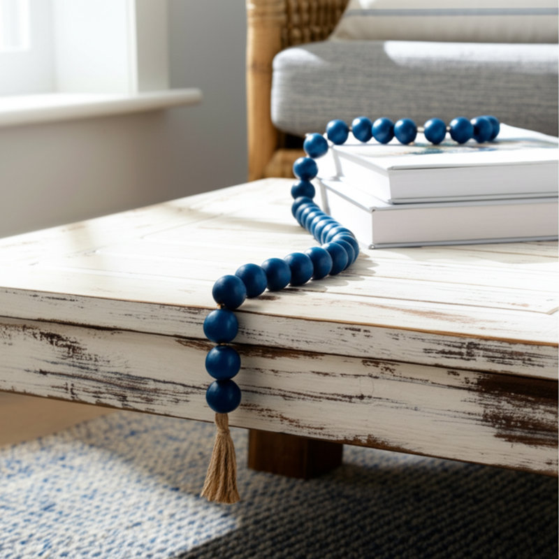 Teal Mango Wood and Jute Beaded Garland with Beige Tassels, 25"