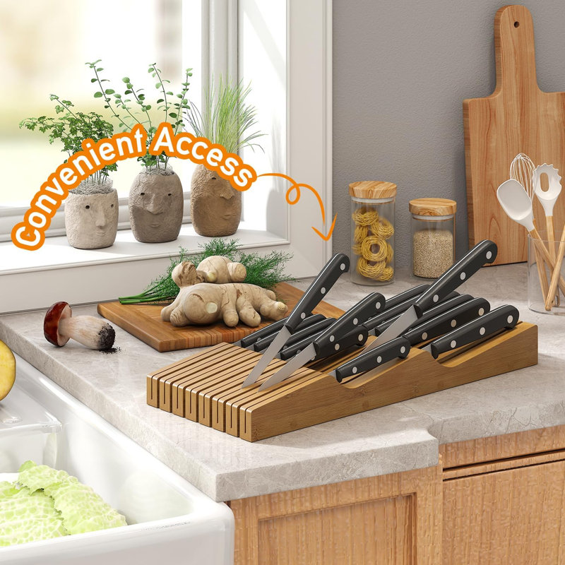 Bloc de rangement pour couteaux - Organisateur de couteaux en bois de bambou pour tiroir, bloc de protection pour couteaux (non inclus)
