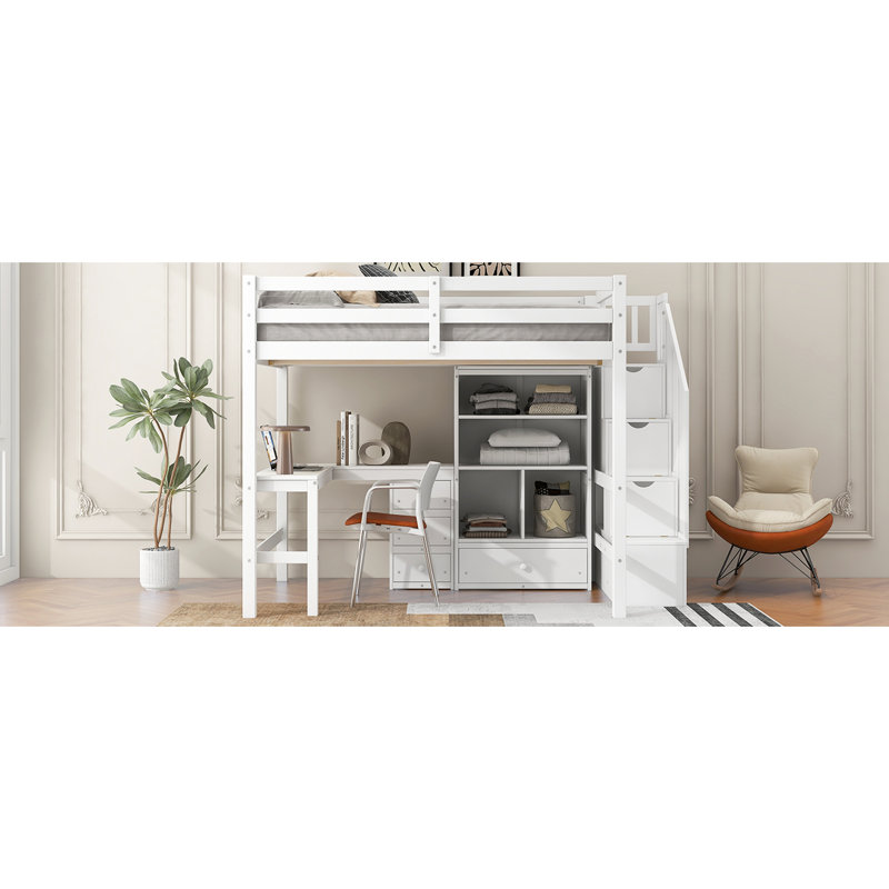 Lit mezzanine double blanc avec bureau en forme de L, tiroirs utiles, armoire et escalier de rangement spacieux de style moderne
