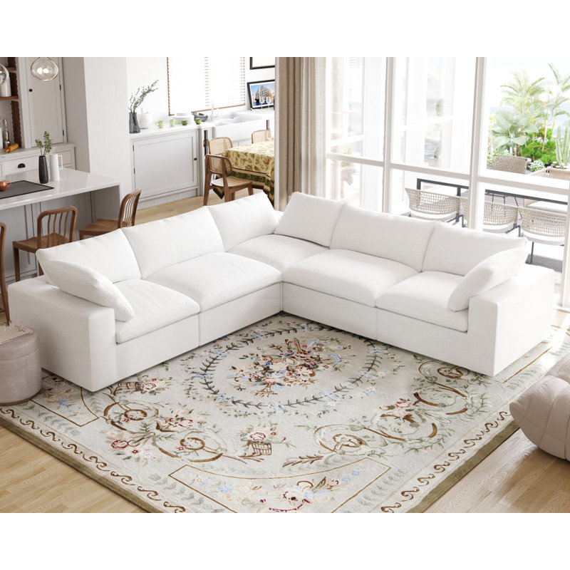 Canapé modulaire rembourré 5 pièces Kenda Faisa, Mélange de lin blanc