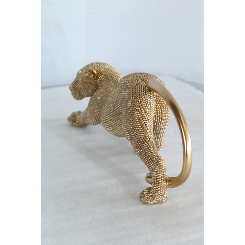 Nifao Stretching Panther Black Resin Sculpture with Beaded Texture - Luxury Designer Animal Décor - 15" x 4" x 6"H, Gold