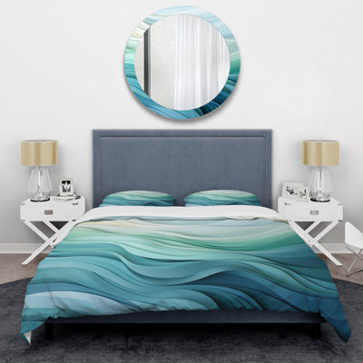 Gree And White Sway Wave Serenity III - Abstract Geometric Duvet Cover Set