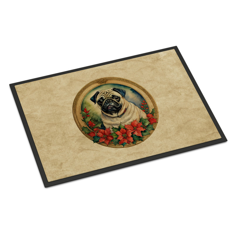 Paillasson Pug Christmas Flowers_2414, L 18 po x L 27 po