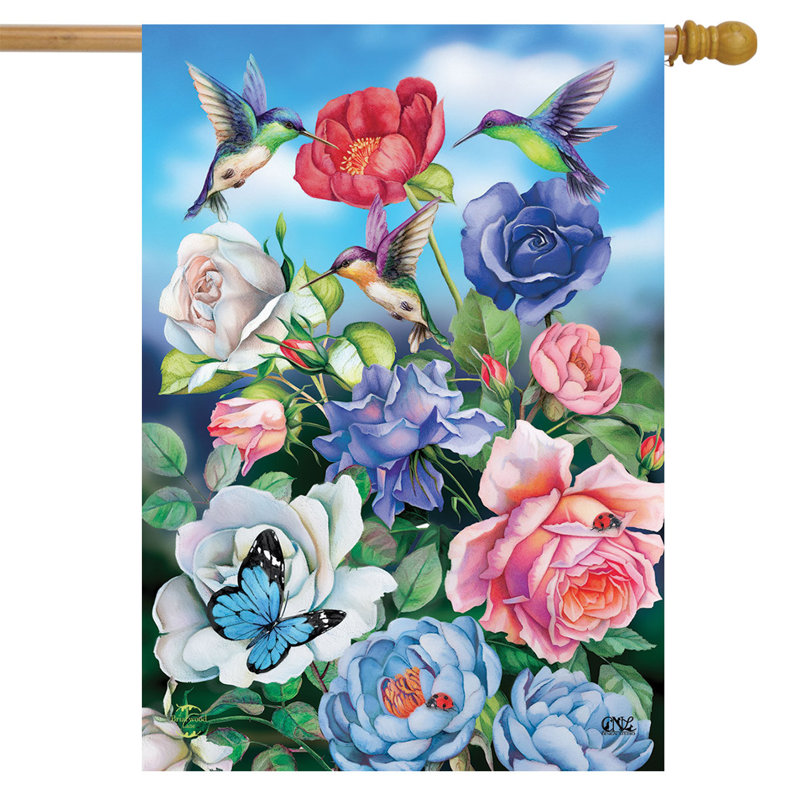 Drapeau maison colibri et roses