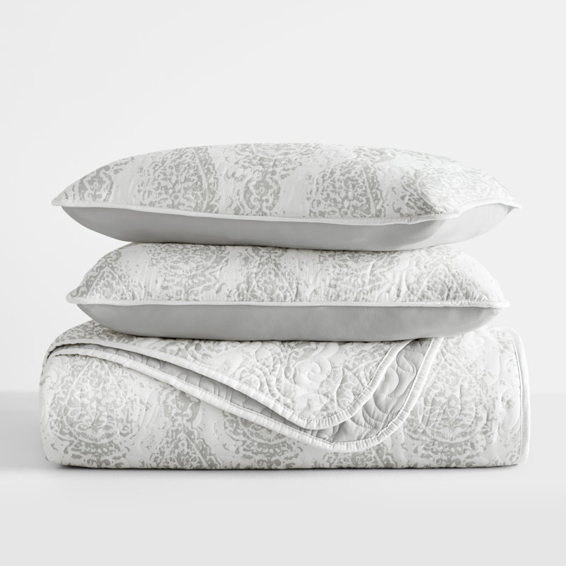 Light Gray Twin Reversible Microfiber Quilt Set with Shams