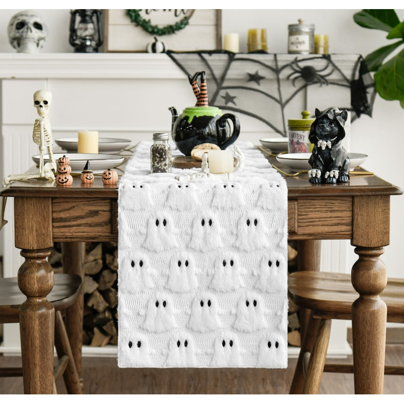 Soft Faux Fur White Ghost Halloween Table Runner 33x153 cm | Seasonal Plush Fall Kitchen Dining Table Decoration for Home Party Decor