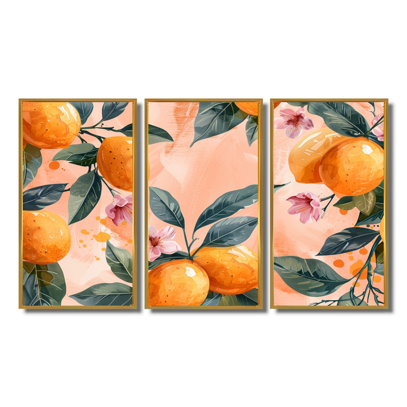 Yellow Pink Floral Orange Trees III - Fruits Wall Art Set, Gold Floater Framed, 28" H x 36" W