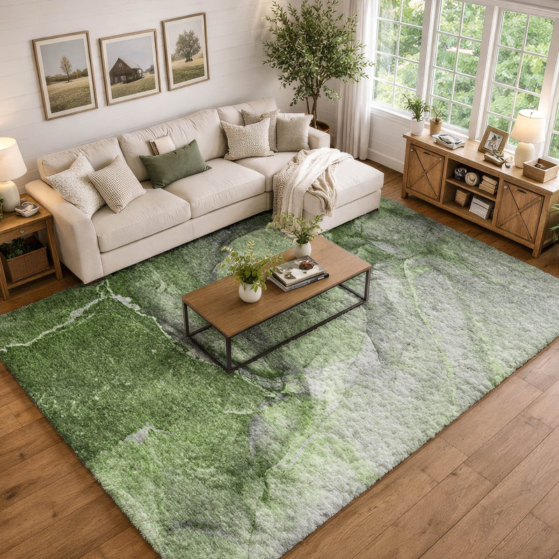 Premium Machine Washable Dream Shag ADS524 Watercolors Rug, Olive, 5' x 7'6"