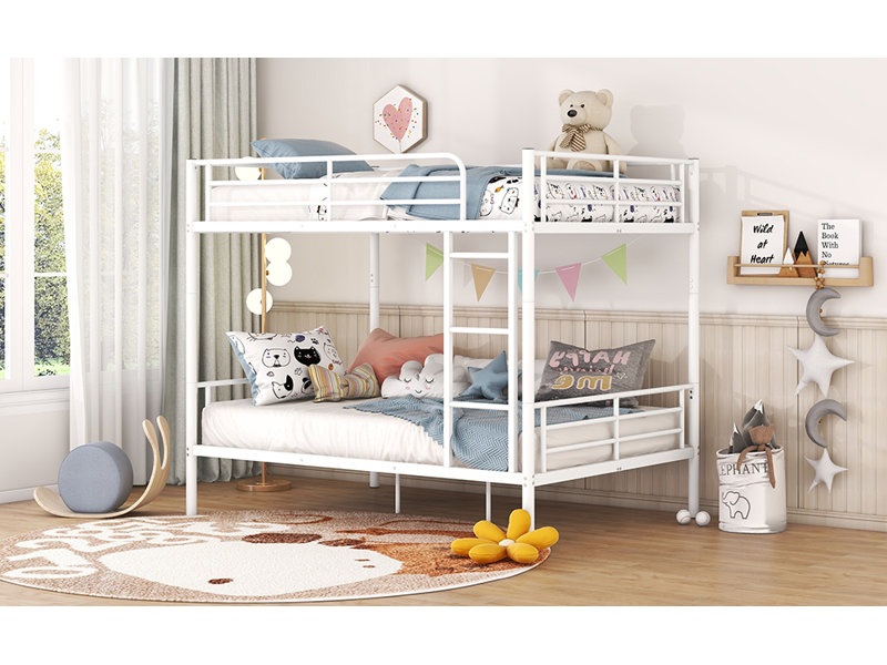 Space-Saving Convertible Metal Bunk Bed With Safety Guardrails, White, Full over Full