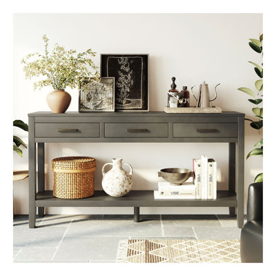 62.2'' Farmhouse Entryway Table With 3 Drawers, Painted Console Table With Bottom Shelf & Iron Handles, Minimalist Sofa Table For Living Room, Hallway, Kitchen, Bedroom, Office