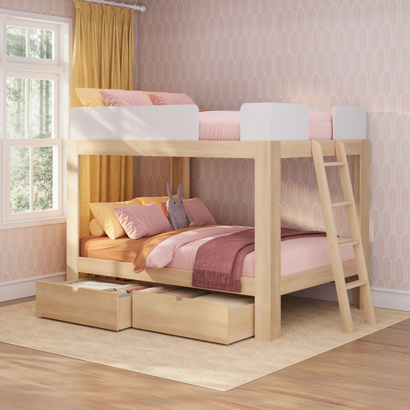 Mid-Century Modern Full Over Full Bunk Bed with Storage Drawers, Blonde/White