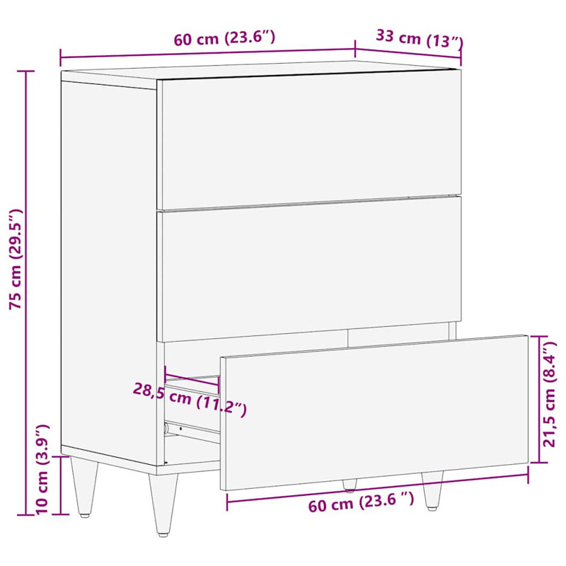 60cm Solid Wood Sideboard, White