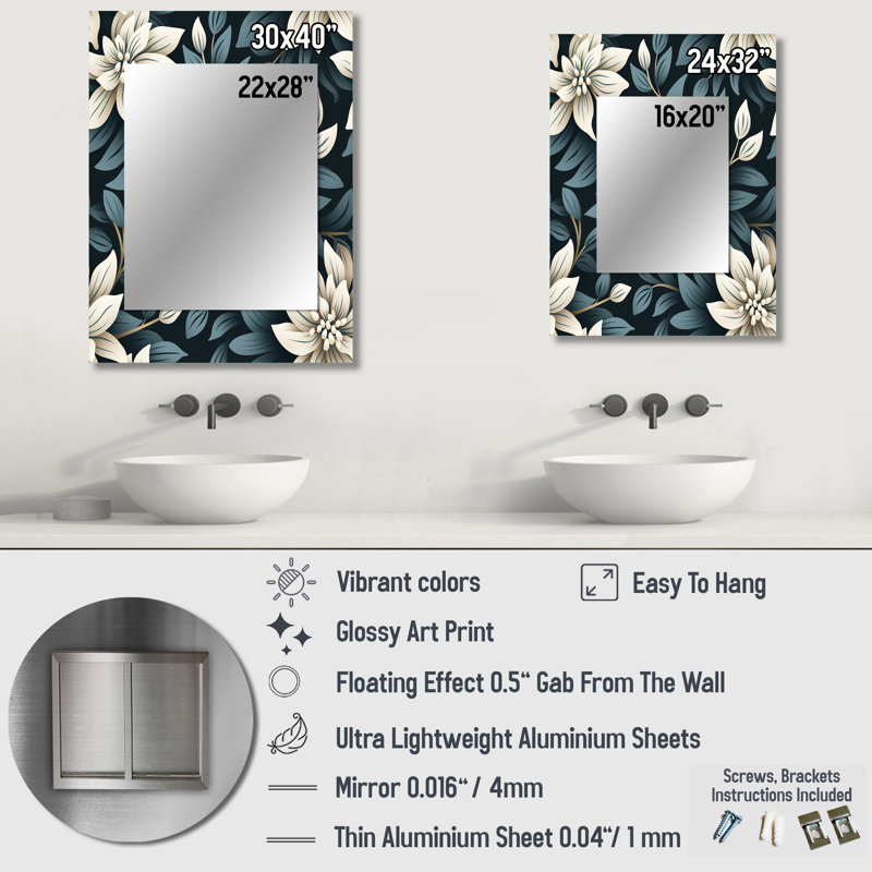 Essence monochrome Amei - miroir floral, miroir mural floral unique, impression d'art en métal, 40 po x 30 po