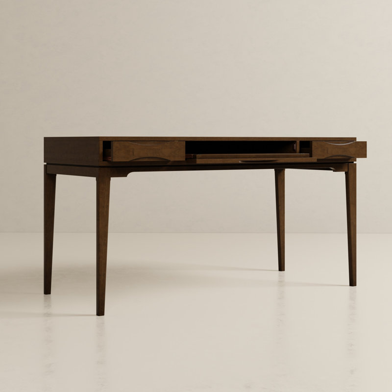 Bureau Bailey de style moderne du milieu du siècle, en bois massif, 152 cm de large, avec 2 tiroirs et un plateau rabattable pour clavier.