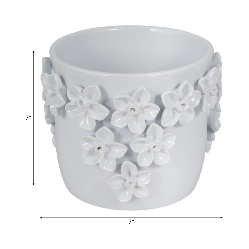 Sagebrook Home 7" Floral Applique Planter, White, 7" H x 7" W x 7" D, White