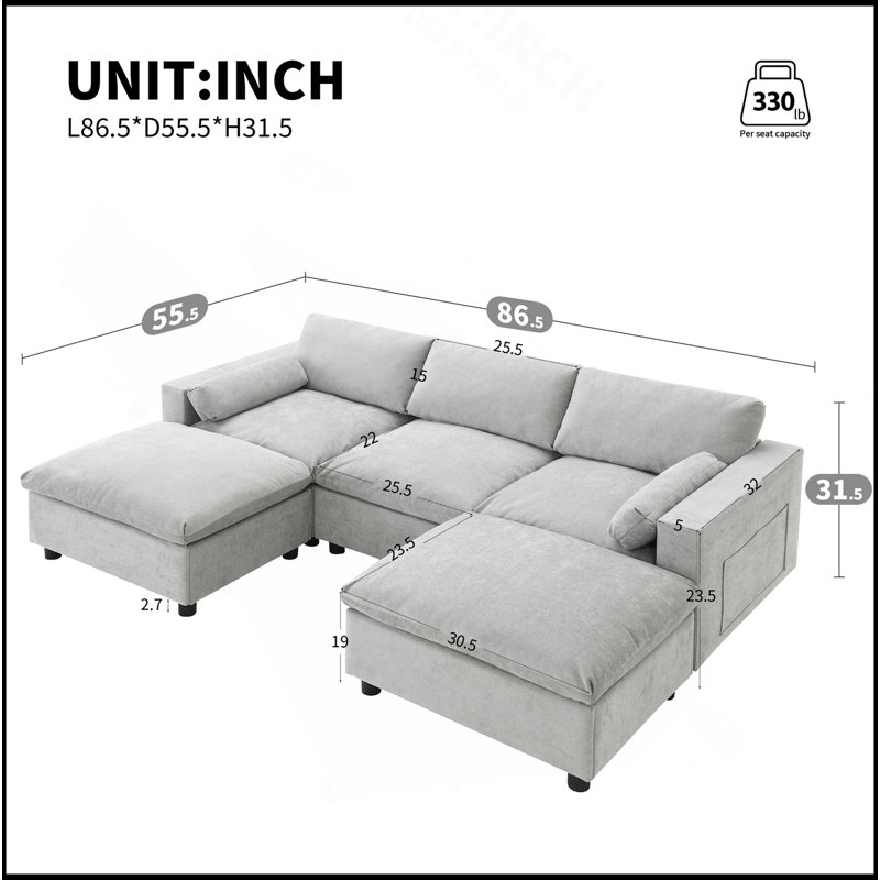 Canapé modulaire 86,5 po Chenille, Gris moyen