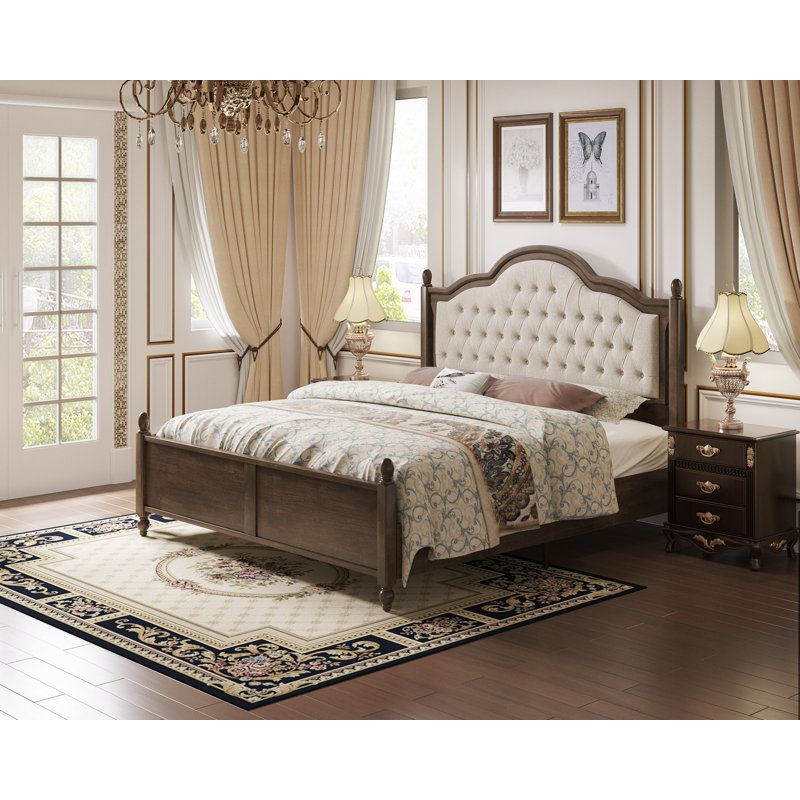 Solid Wood Bed Frame With Linen Upholstered Headboard, Wood Platform Bed With Wood Slats, No Box Spring Needed, Easy Assembly, Walnut