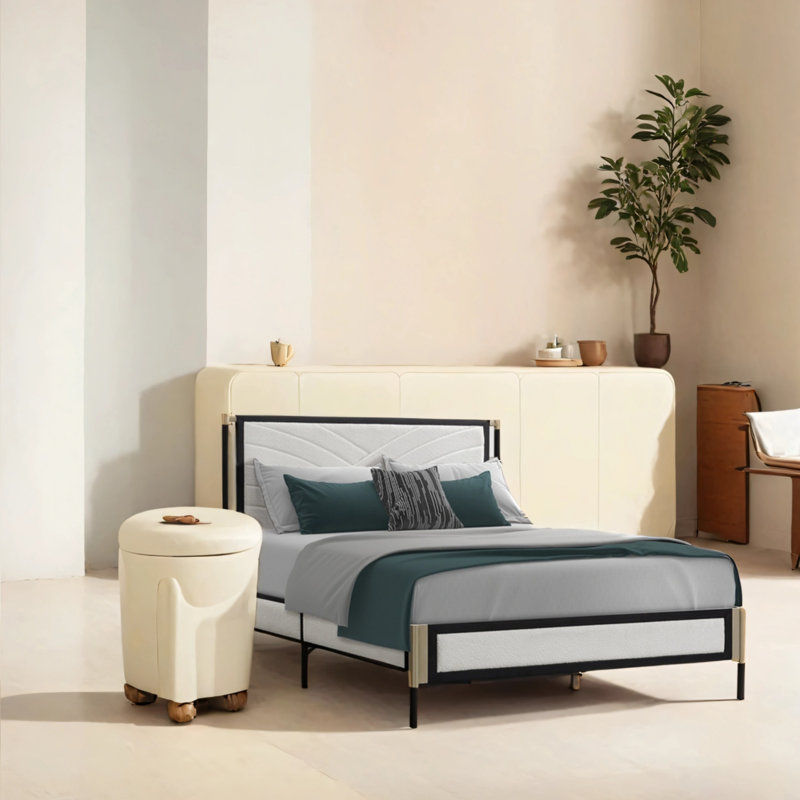 Structure de lit double avec tête de lit en tissu matelassé blanc, Double