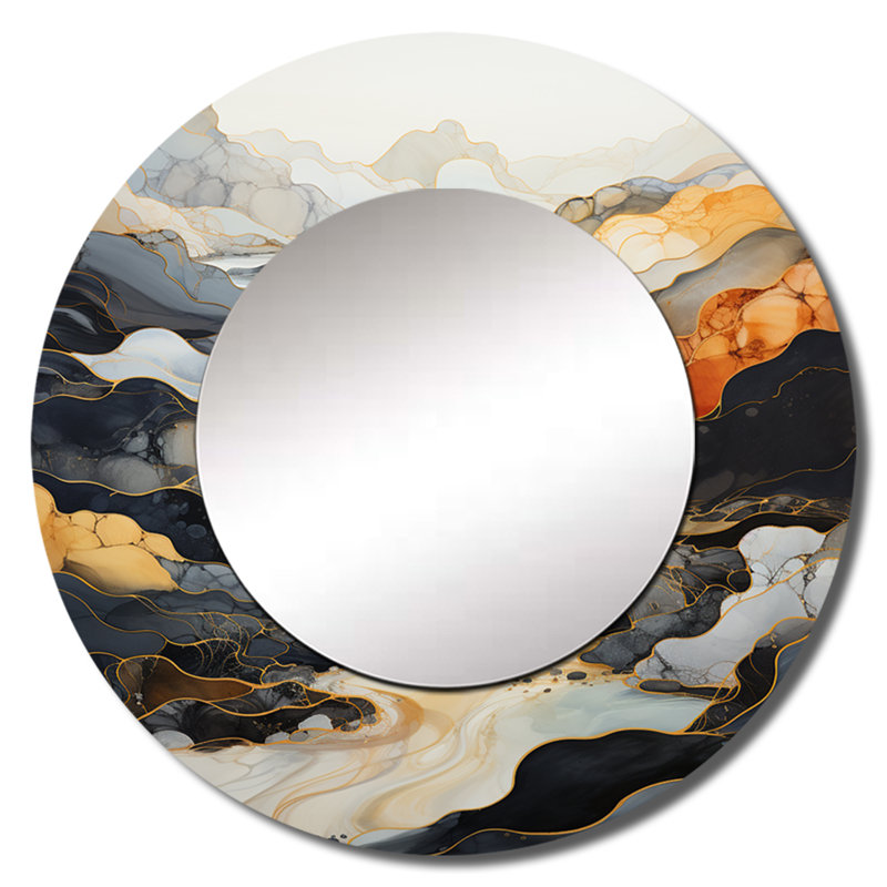 Méandre de la rivière Endless Journey III - miroir mural traditionnel unique, miroir rond orange, impression d'art en métal