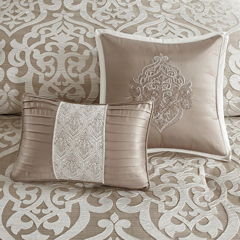 Ensemble d'édredon en polyester jacquard 8 pièces, Brun clair; ivoire, Édredon grand + 7 articles supplémentaires