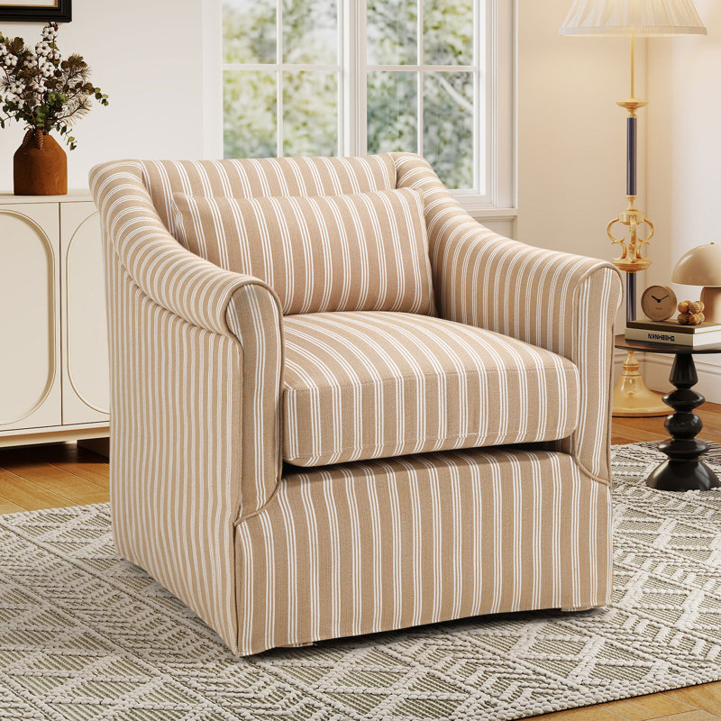 30" Wide Contemporary Upholstered Swivel Armchair With Lumbar Pillow, Brown