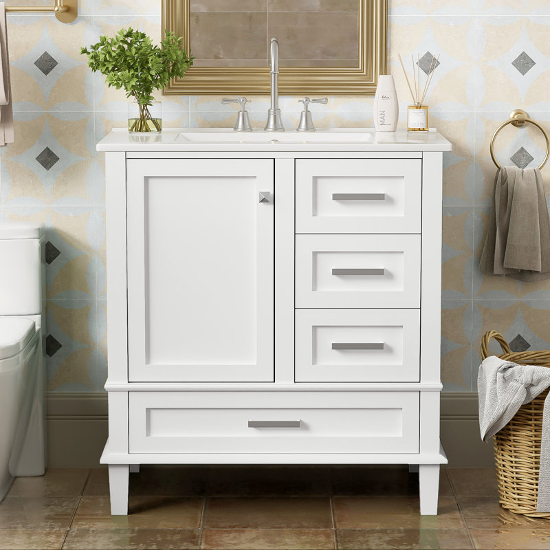 Contemporary Bathroom Vanity Cabinet With Sink, 1 Soft Closing Door And 3 Drawers, White