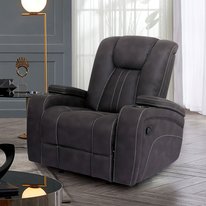 Transitional Style Glider Recliner Channel Back And Seat Design Cup Holder Lift Up Armrest Dark Gray Finish