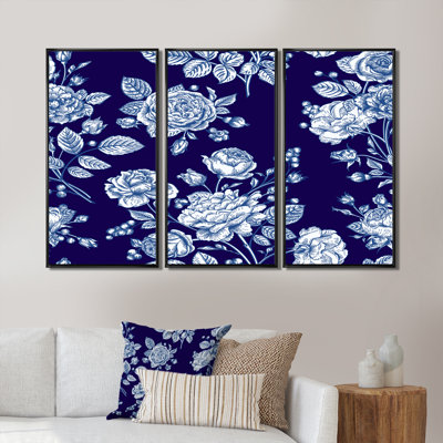 «Light Blue Roses On Dark Blue», 3 pièces, cadre flottant, impression sur toile