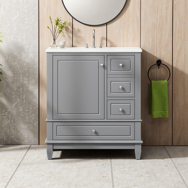 Meuble-lavabo autoportant 30 po avec lavabo en céramique, Gris