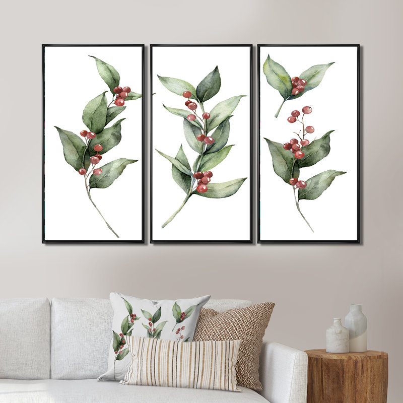 Ensemble de Noël avec branches et Berrie rouge - 3 pièces, impression sur toile, Noir, H 20 po x l 36 po x P 1 po