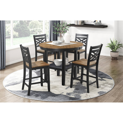 5 Piece Counter Height Dining Round Table 4 Chairs 2-tone Black And Brown Finish Contemporary Rustic For Room
