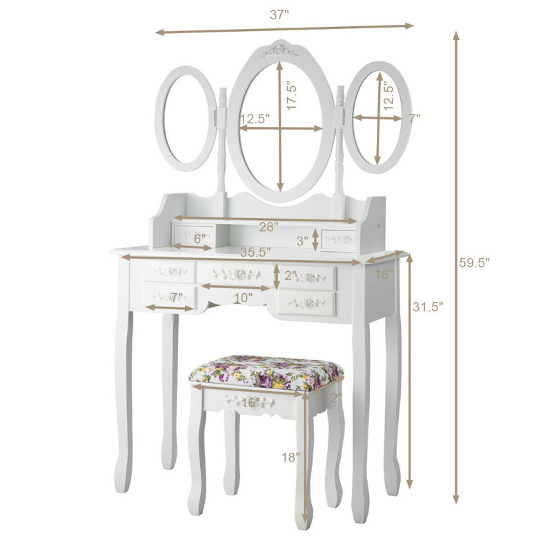 Ensemble coiffeuse avec miroir Clementina, Blanc