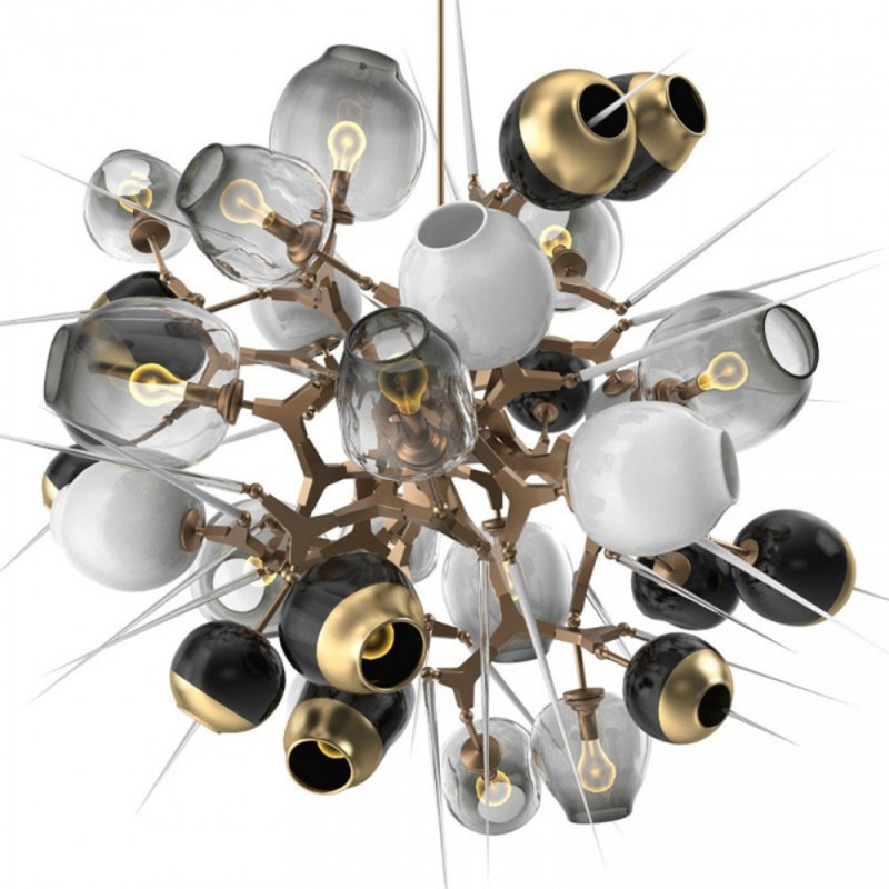 Lustre linéaire moderne Byrdsong Ikebana, 56" Length x 39" Depth x 24" Height, Blanc / gris, Or