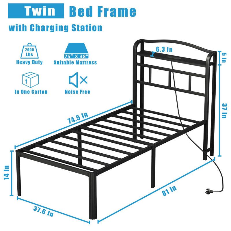 14 Inch Metal Bed Frame With Headboard And Charging Station No Box Spring Needed, Twin
