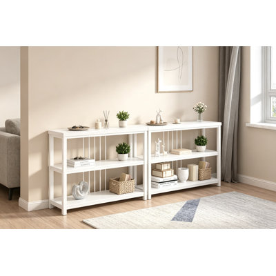 Console moderne pour entrée, table d'appoint en bois à 3 niveaux avec rangement, idéale derrière un canapé dans un couloir ou un salon, en chêne blanc.