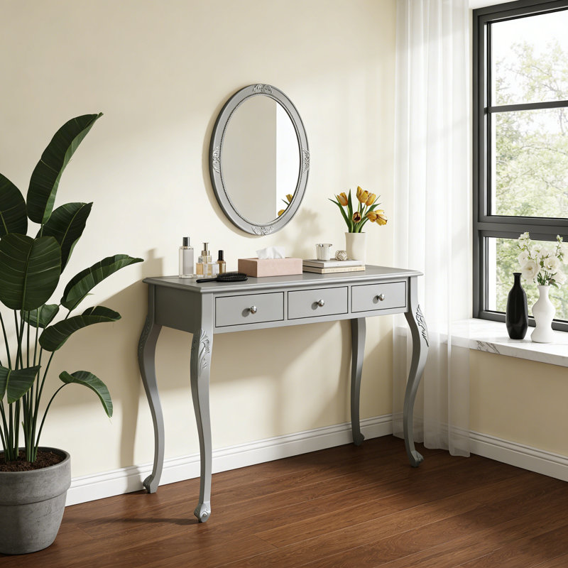 Coiffeuse de maquillage avec miroir ovale, coiffeuse élégante avec tiroirs et pieds en bois massif