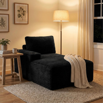Canapé noir en velours côtelé compressé avec porte-gobelet intégré pour le salon Chambre à coucher Salle familiale
