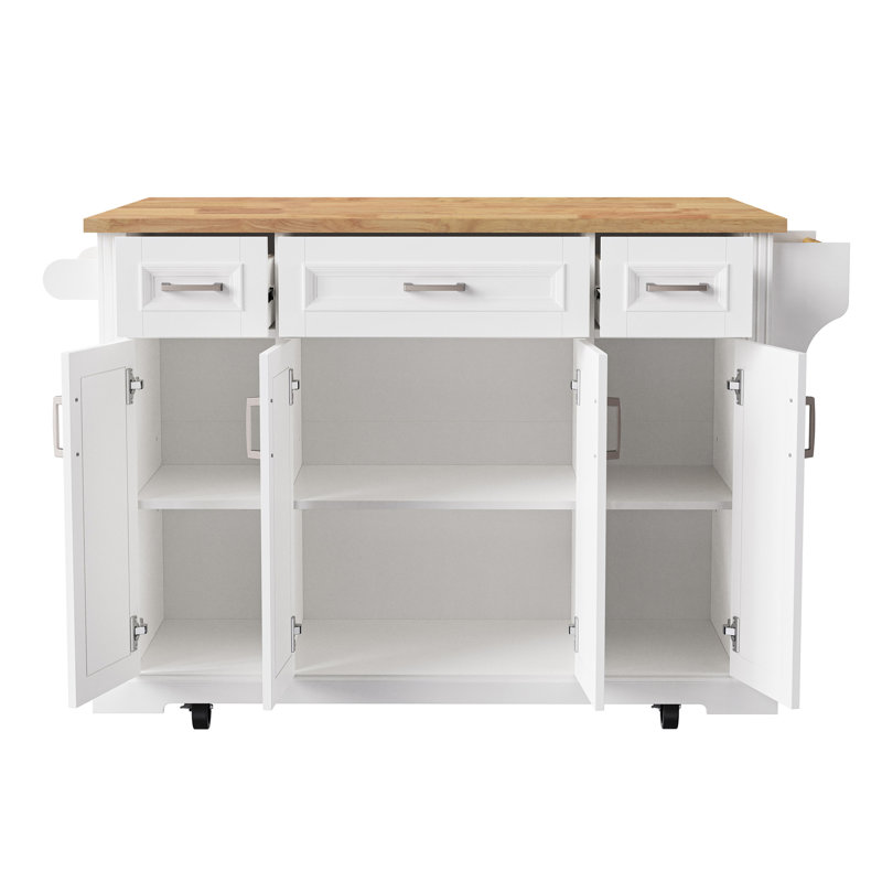 Grand îlot de cuisine avec abattant en bois d'hévéa, texture gaufrée et conception roulante pour un rangement et une mobilité accrus dans les cuisines et les salles à manger.