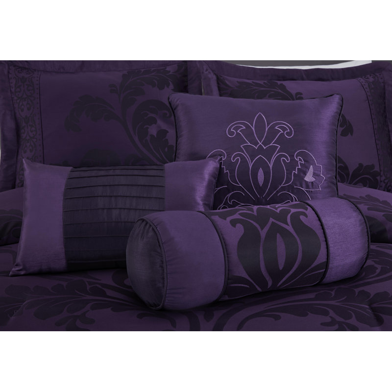 Royale Jacquard Floral 7 Piece Comforter Set, Purple/Dark Purple, Oversized Queen Comforter + 6 Additional Pieces