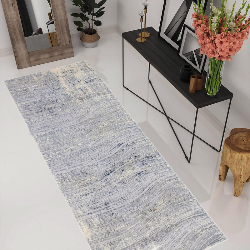 Tapis abstrait bleu clair, Tapis de couloir 2 pi 7 po x 8 pi