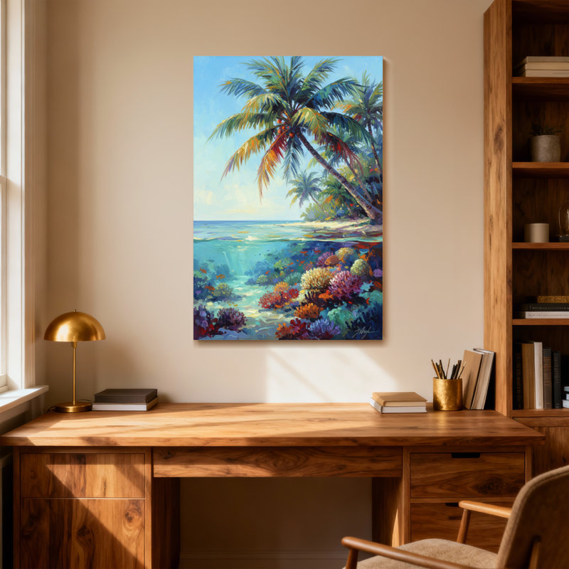 Plantes et fleurs, plage tropicale, palmiers, récif de corail, océan, ciel, coucher de soleil, couleurs, H 30 po x l 20 po