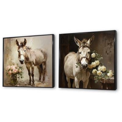 Farmhouse Donkey In Field I - Donkey, ensemble de 2 reproductions d'art sur toile