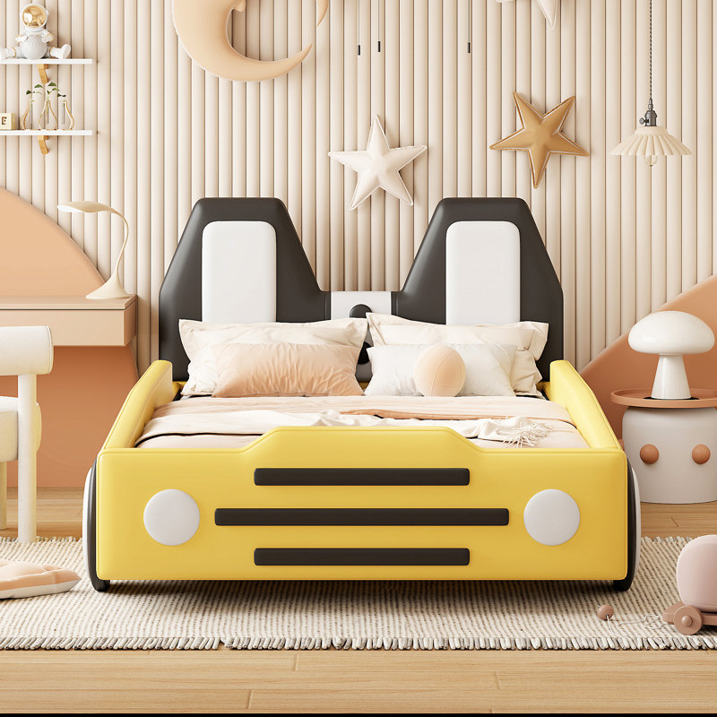 Twin Size Race Car-Shaped Platform Bed With Wheels, Yellow